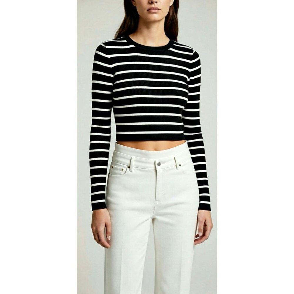 NWT Happily Grey Black White Striped Cropped Crew Neck Sweater Women's L